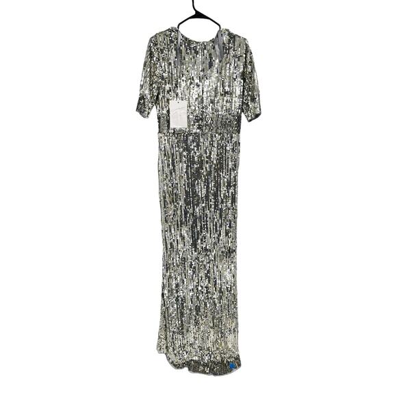 Mac Duggal 4707 Platinum Silver Sequined V-Neck Short Sleeve Evening Gown 14 - Picture 4 of 8